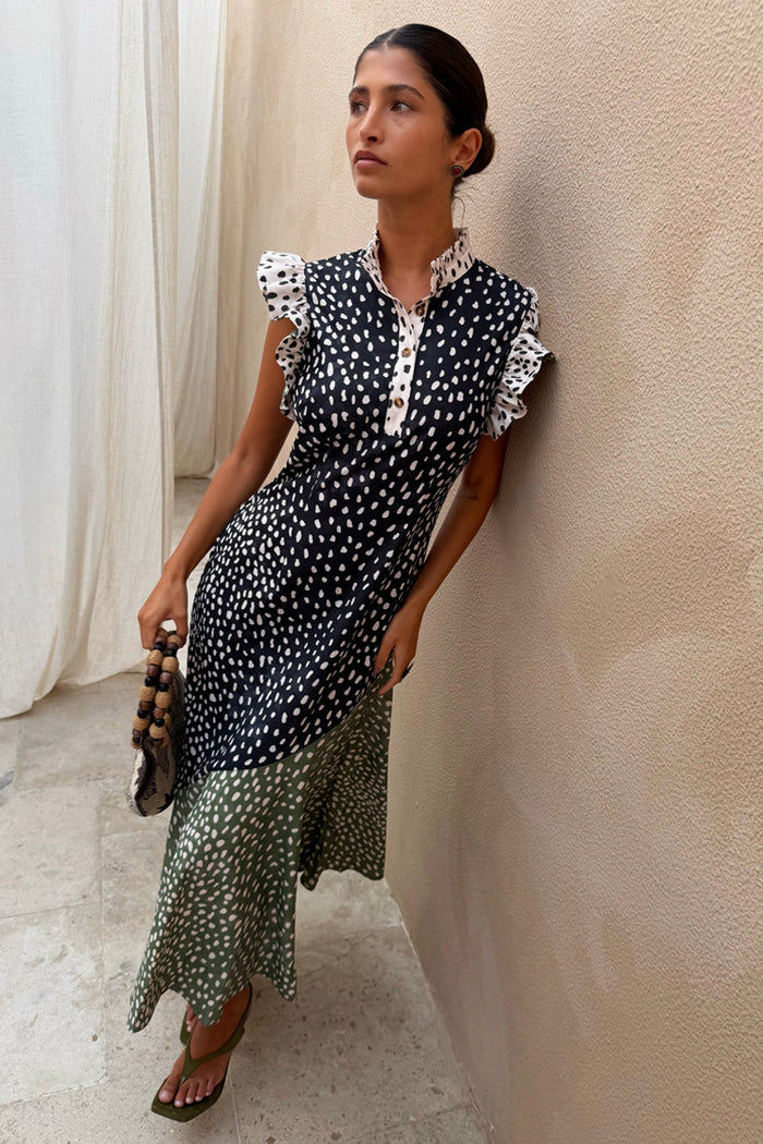 Mix Fawn Spot Remi Dress featuring an asymmetric skirt and pleated frills in a neutral watercolour spot print.