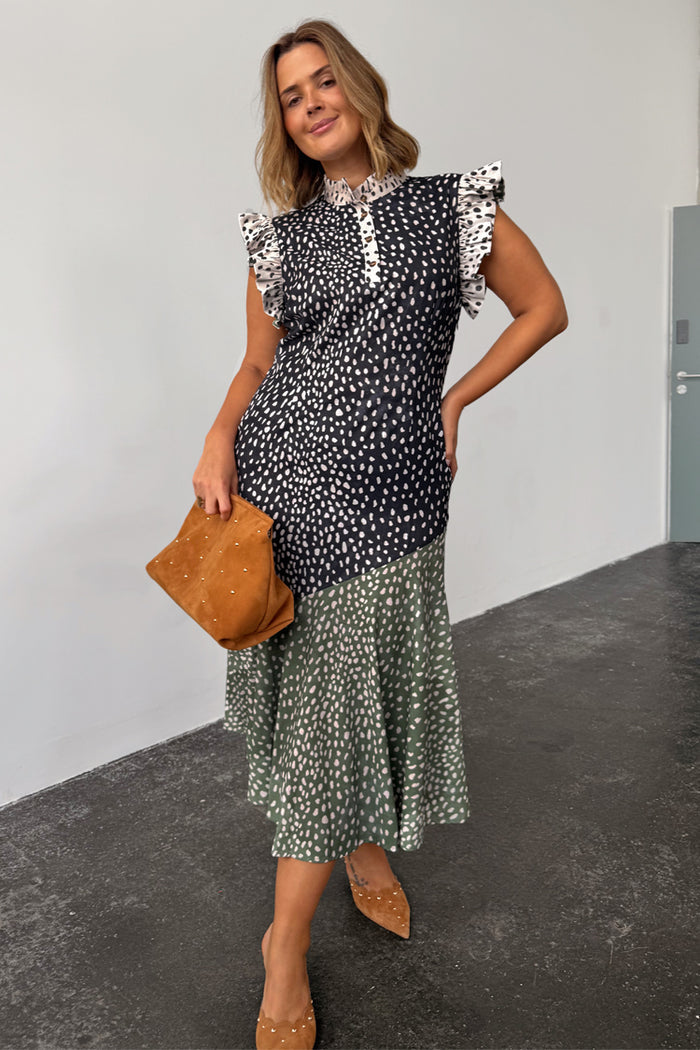 Mix Fawn Spot Remi Dress featuring a neutral watercolour spot print, asymmetric skirt and pleated frill details.