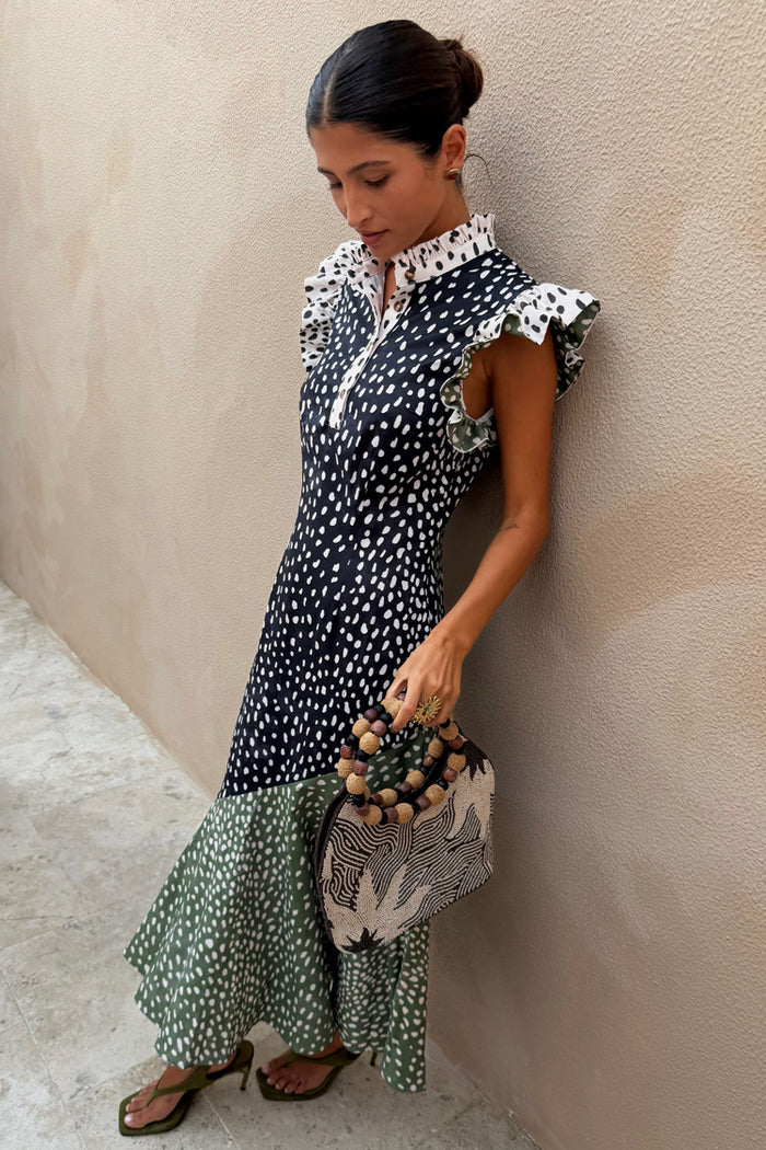 Mix Fawn Spot Remi Dress with a neutral watercolour print, pleated frills and an asymmetrical hem.