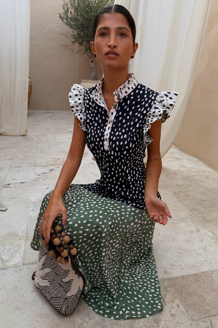 Mix Fawn Spot Remi Dress in a watercolour spot print with pleated neck frills and an asymmetric skirt.