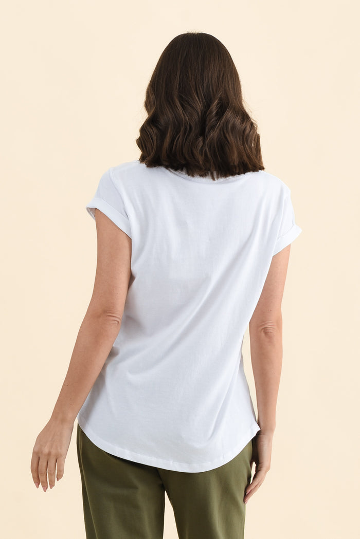 Monte White Cotton Vee Tee,Back,Brunette model,alt text|model:MJ