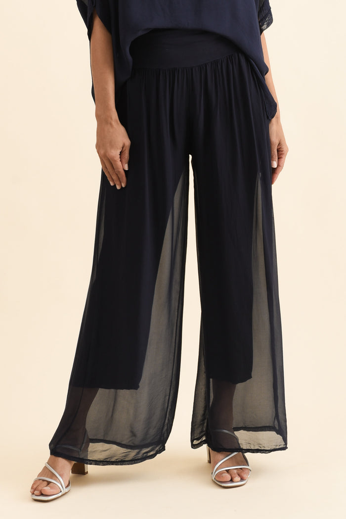 Mora Navy Silk Layer Pants,Front,Brunette model,alt text|model:Cara