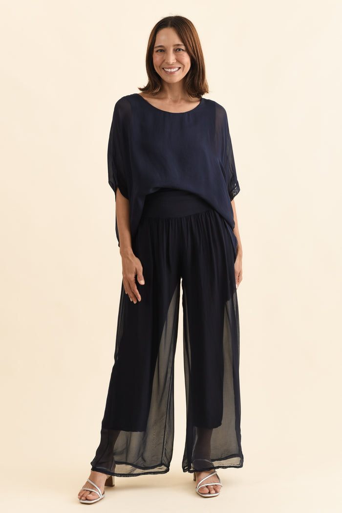 Mora Navy Silk Layer Pants,Full Body,Brunette model,alt text|model:Cara