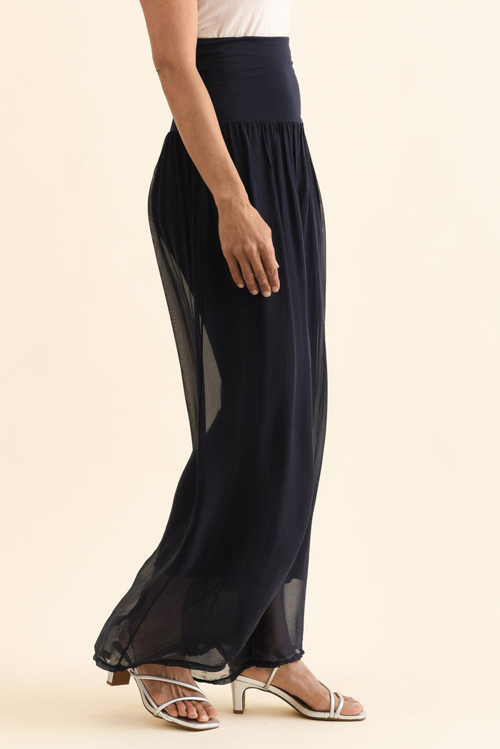Mora Navy Silk Layer Pants,Side,Brunette model,alt text|model:Cara