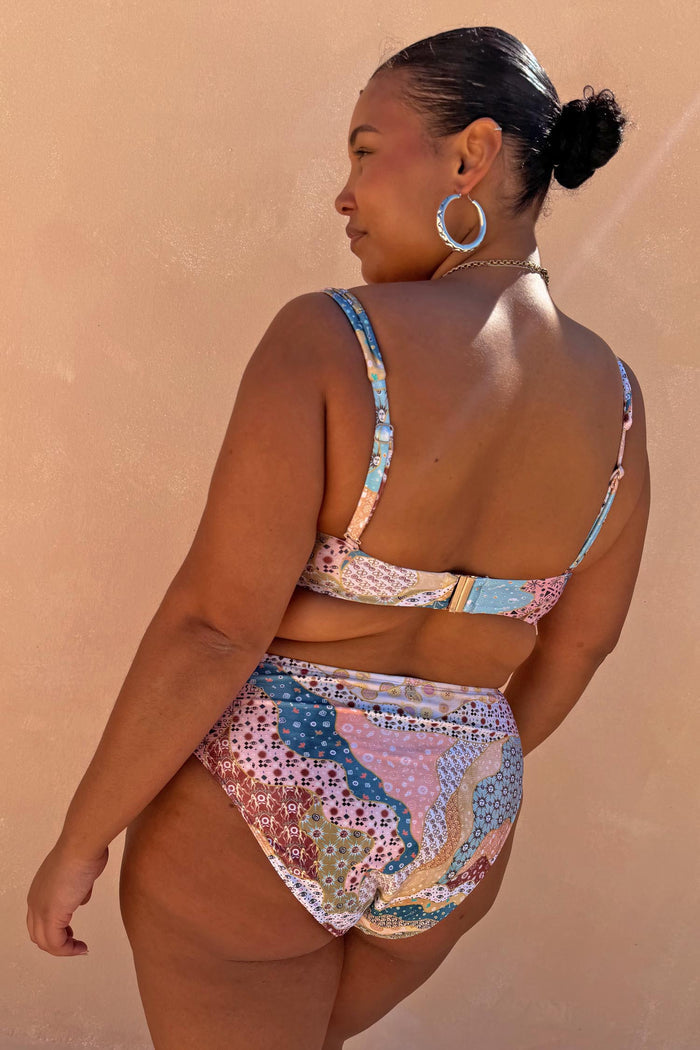 Morocco High Waist Brief in a celestial patchwork print with sun-washed tones, featuring a high-rise fit for curve fashion.