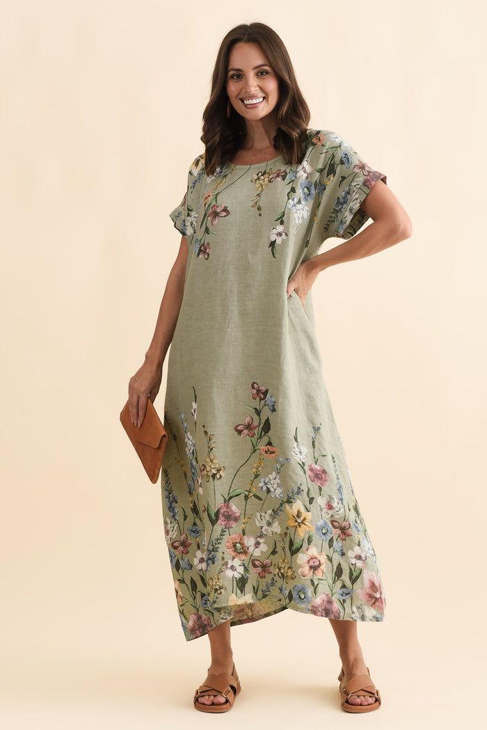 Morrison Sage Floral Linen Pocket Dress,Brunette model,alt text|model:MJ