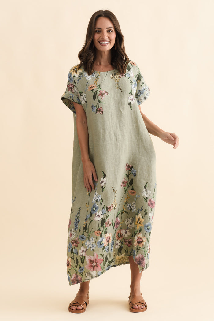 Morrison Sage Floral Linen Pocket Dress,Brunette model,alt text|model:MJ