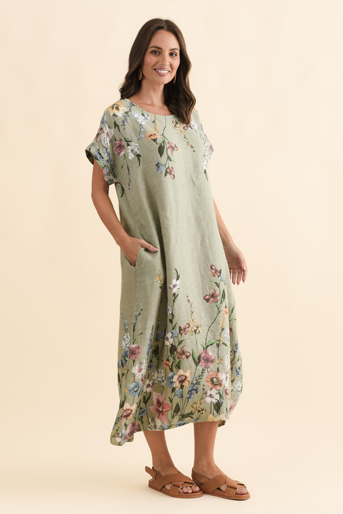 Morrison Sage Floral Linen Pocket Dress,Brunette model,alt text|model:MJ