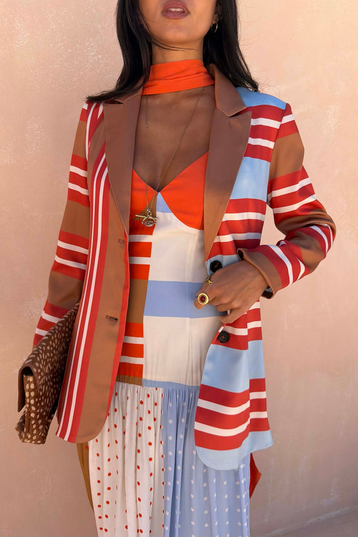 Longline Multi Stripe Blazer in red and blue, designed in London and styled with a leopard print clutch.