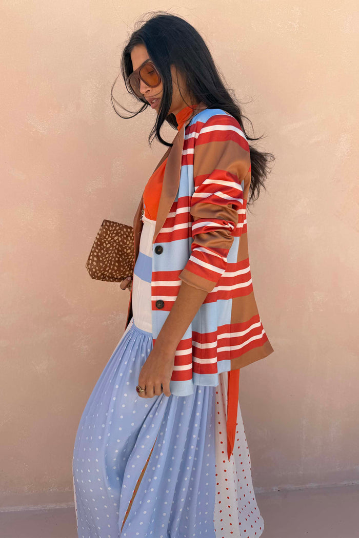 Longline Multi Stripe Blazer with red, blue and tan stripes in a structured, satin-esque fabric.