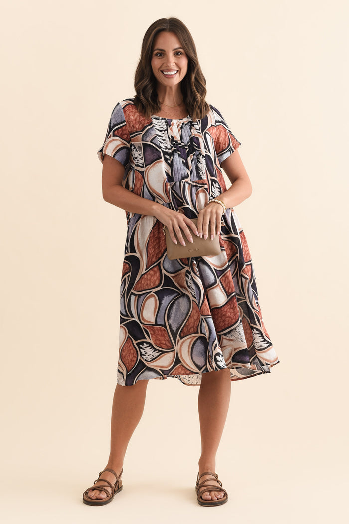 Murano Blue Abstract Cotton Dress,Brunette model,alt text|model:MJ