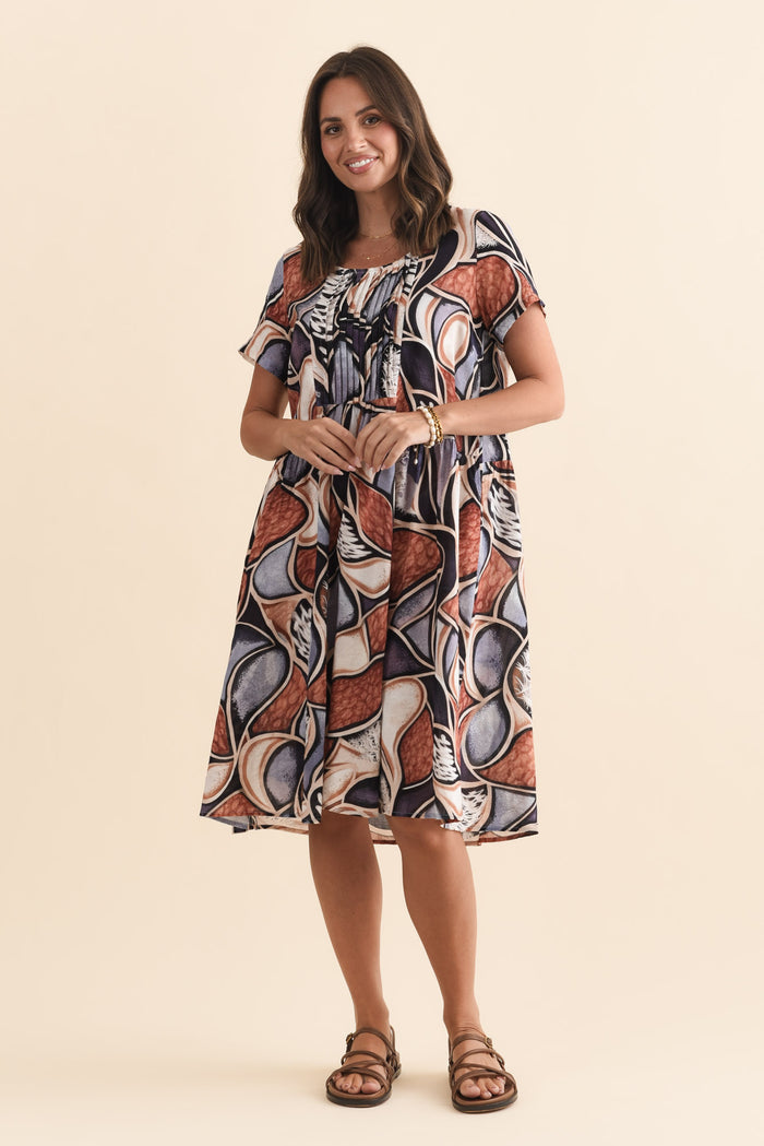 Murano Blue Abstract Cotton Dress,Brunette model,alt text|model:MJ