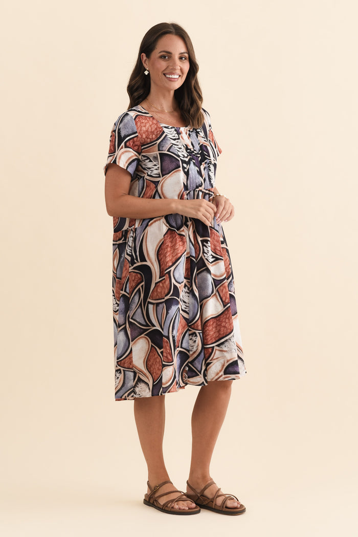 Murano Blue Abstract Cotton Dress,Brunette model,alt text|model:MJ