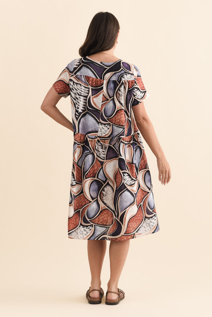 Murano Blue Abstract Cotton Dress,Brunette model,alt text|model:MJ