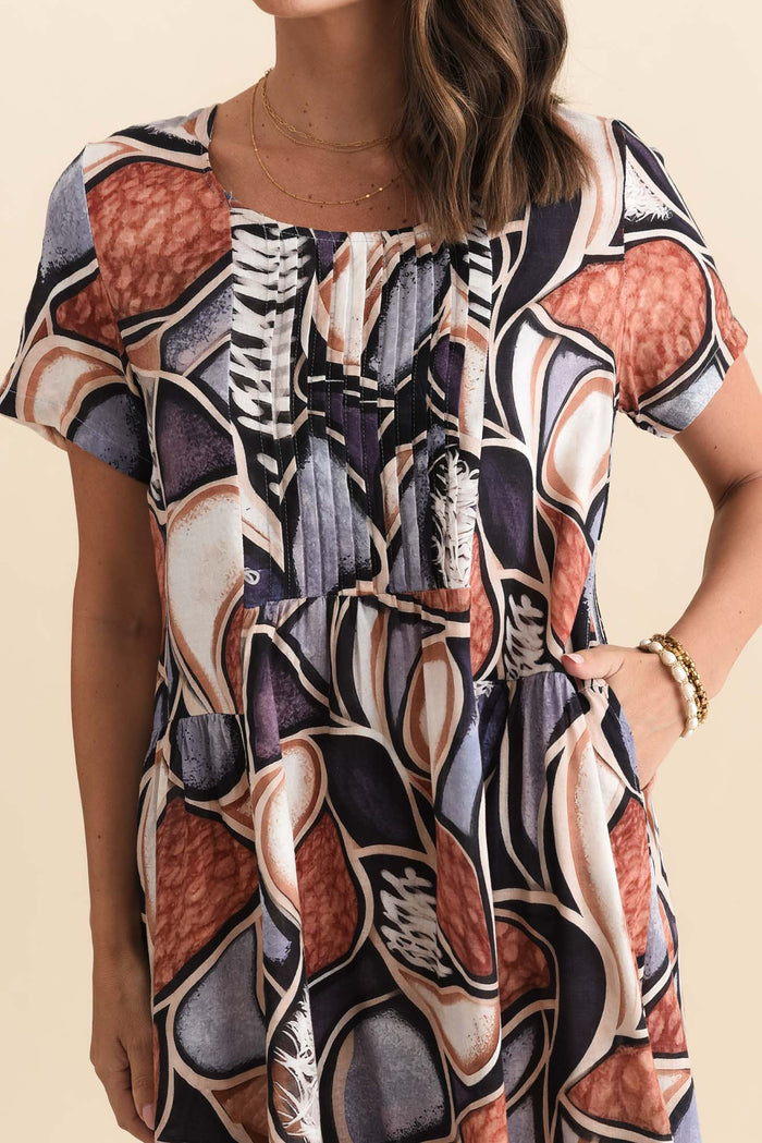Murano Blue Abstract Cotton Dress,Brunette model,alt text|model:MJ