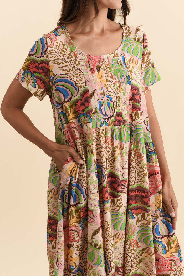 Murano Green Botanical Cotton Dress,Brunette model,alt text|model:Cara