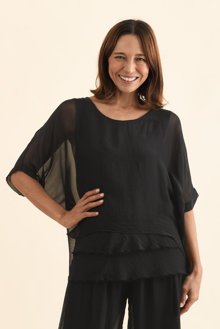 Myers Black Silk Layer Top,Front,Brunette model,alt text|model:Cara