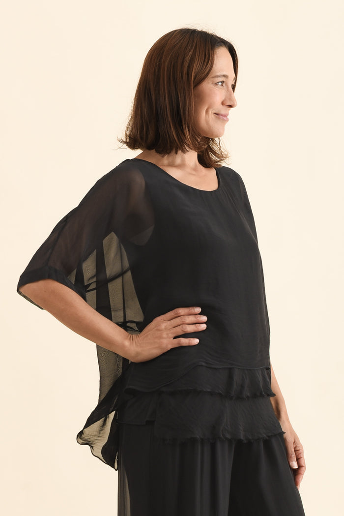 Myers Black Silk Layer Top,Side,Brunette model,alt text|model:Cara