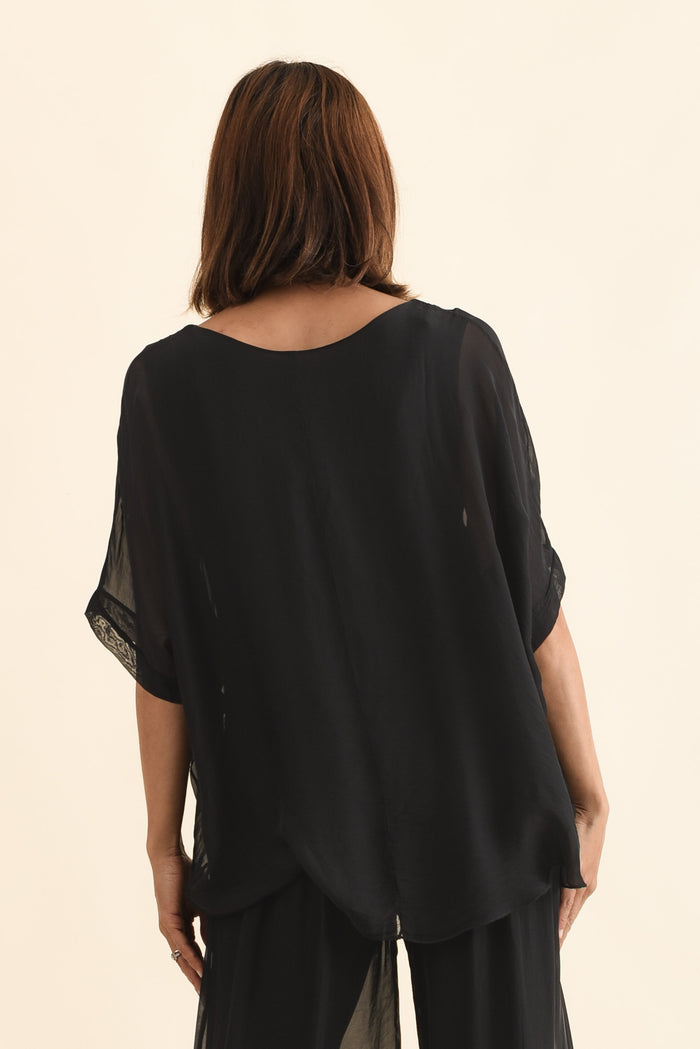 Myers Black Silk Layer Top,Back,Brunette model,alt text|model:Cara