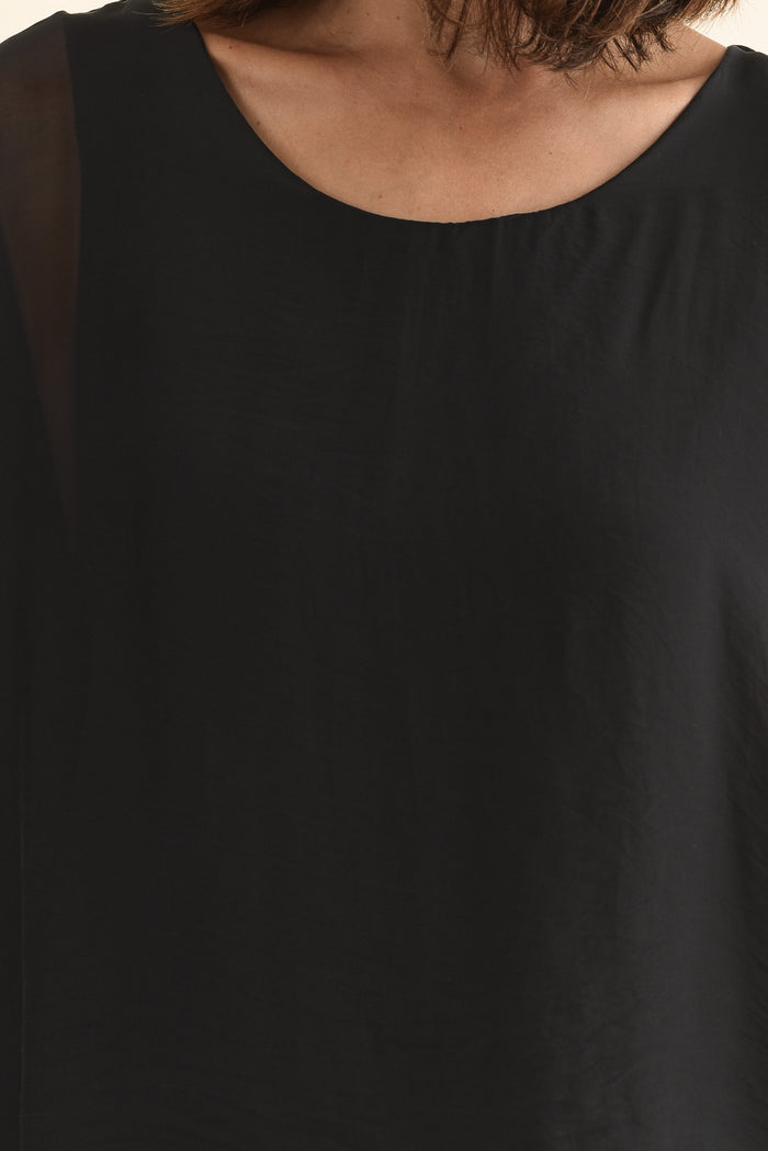 Myers Black Silk Layer Top,Detail,Brunette model,alt text|model:Cara