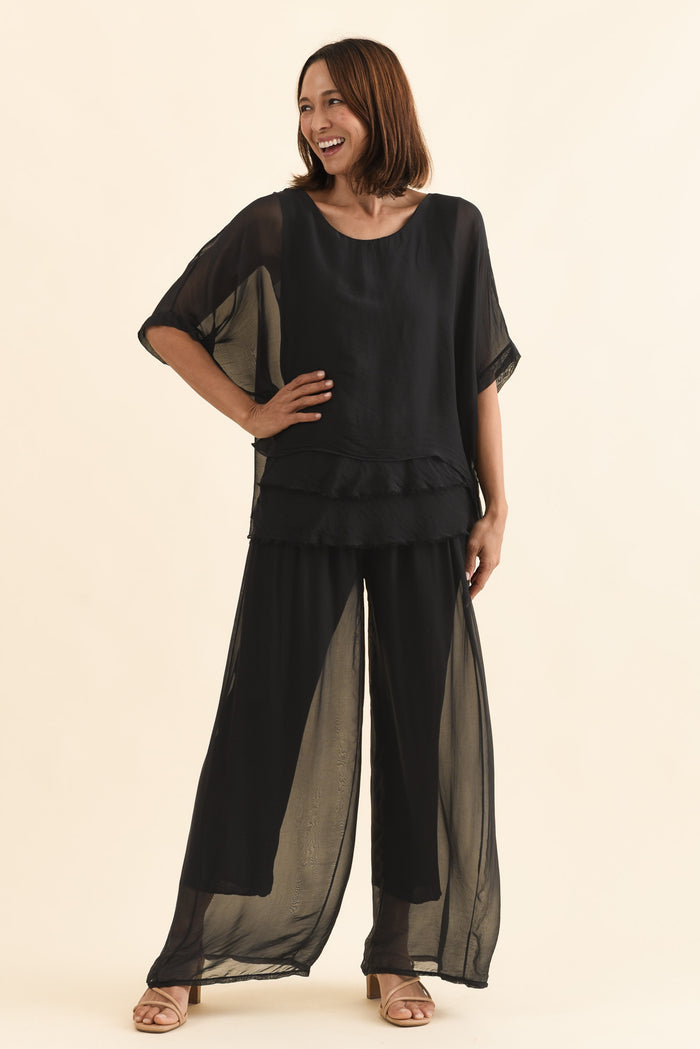 Myers Black Silk Layer Top,Full Body,Brunette model,alt text|model:Cara