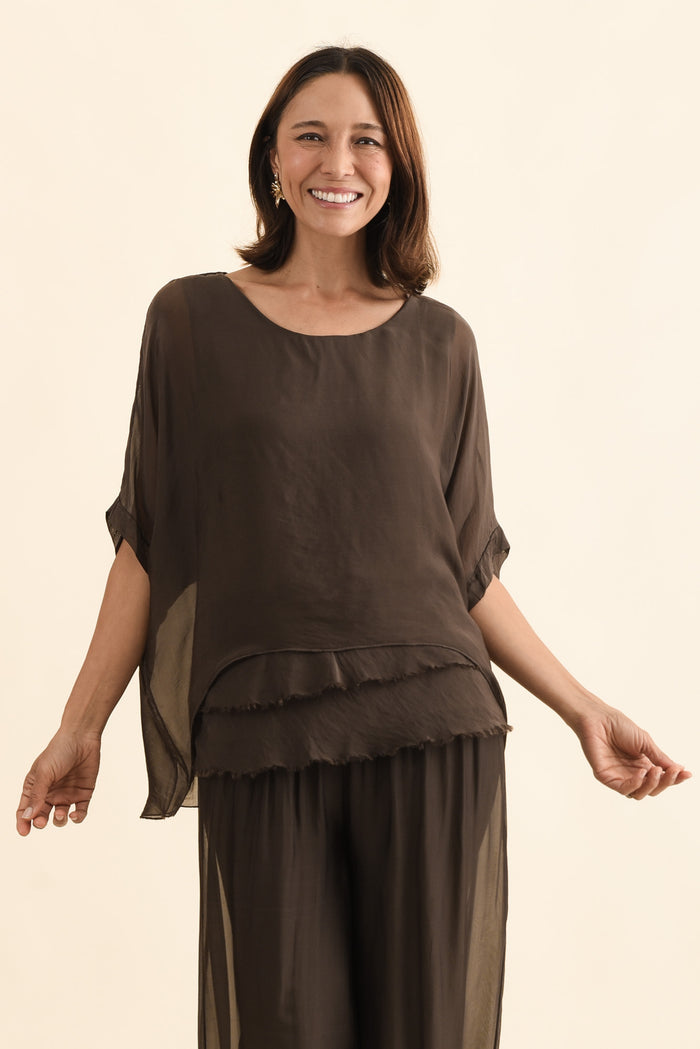 Myers Chocolate Silk Layer Top,Front,Brunette model,alt text|model:Cara