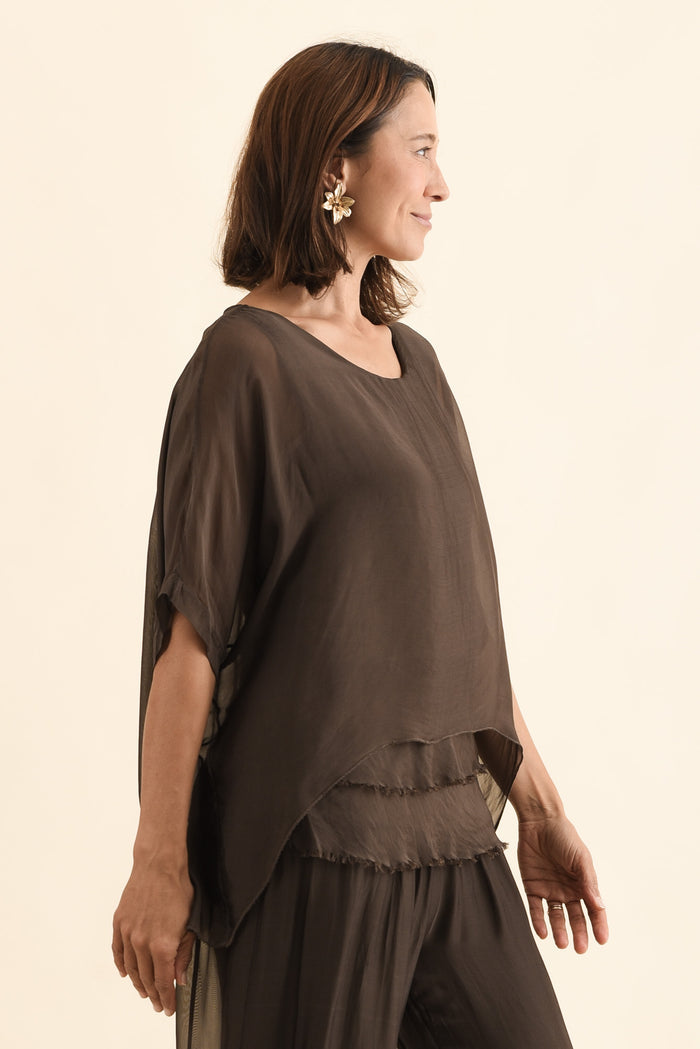 Myers Chocolate Silk Layer Top,Side,Brunette model,alt text|model:Cara