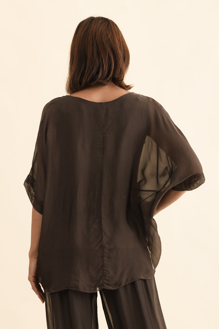 Myers Chocolate Silk Layer Top,Back,Brunette model,alt text|model:Cara