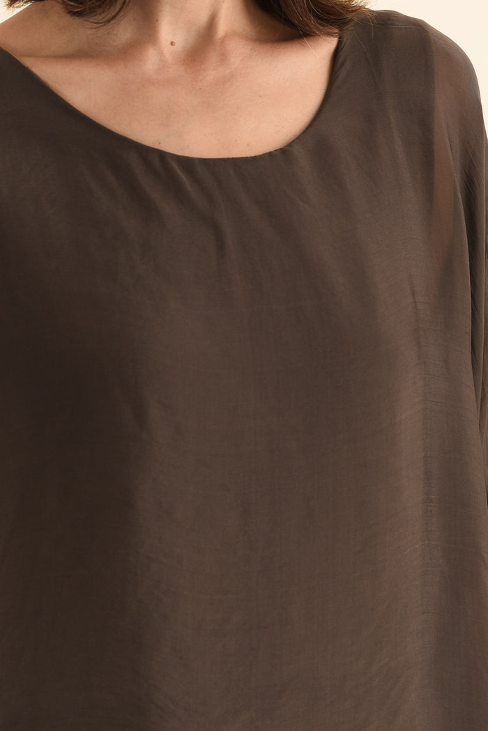 Myers Chocolate Silk Layer Top,Detail,Brunette model,alt text|model:Cara