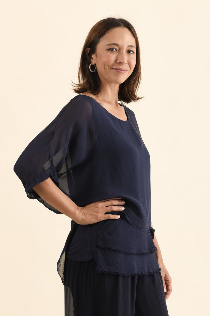 Myers Navy Silk Layer Top,Full Body,Brunette model,alt text|model:Cara