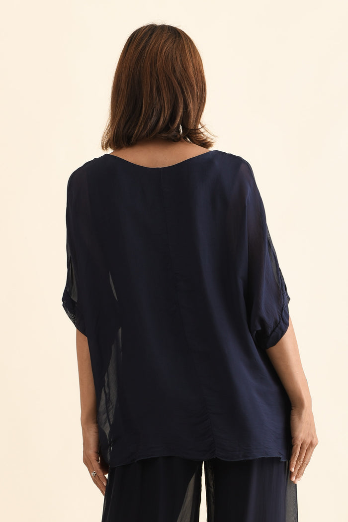 Myers Navy Silk Layer Top,Side,Brunette model,alt text|model:Cara