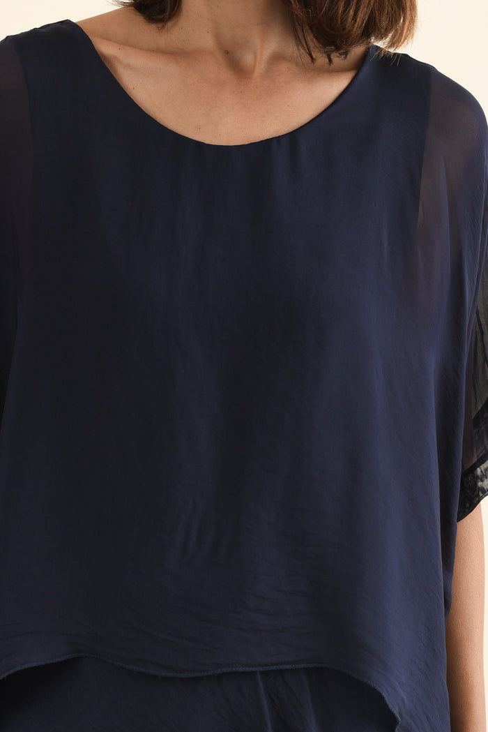 Myers Navy Silk Layer Top,Back,Brunette model,alt text|model:Cara