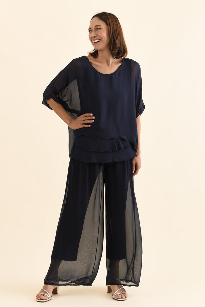 Myers Navy Silk Layer Top,Detail,Brunette model,alt text|model:Cara