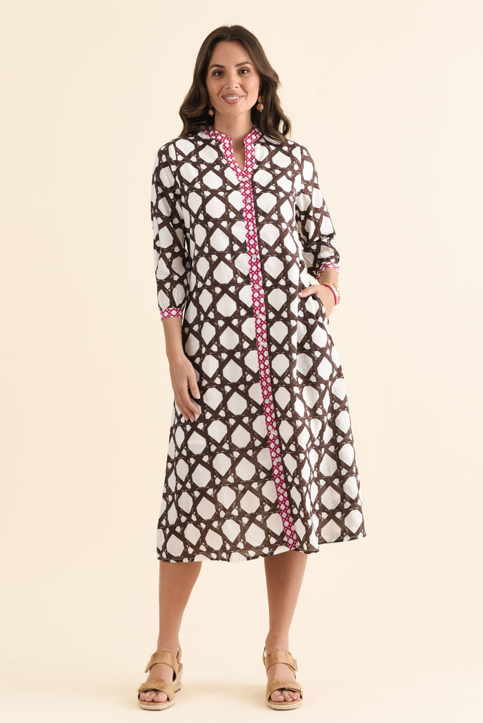Nagala Chocolate Geo Cotton Tie Dress,brunette model,Front of Outfit,alt text|model:MJ