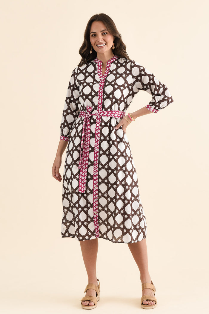 Nagala Chocolate Geo Cotton Tie Dress,brunette model,Full Outfit,alt text|model:MJ