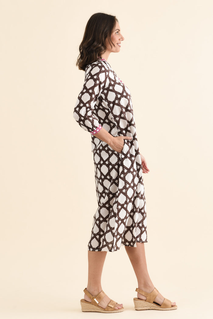 Nagala Chocolate Geo Cotton Tie Dress,brunette model,Side of Outfit,alt text|model:MJ