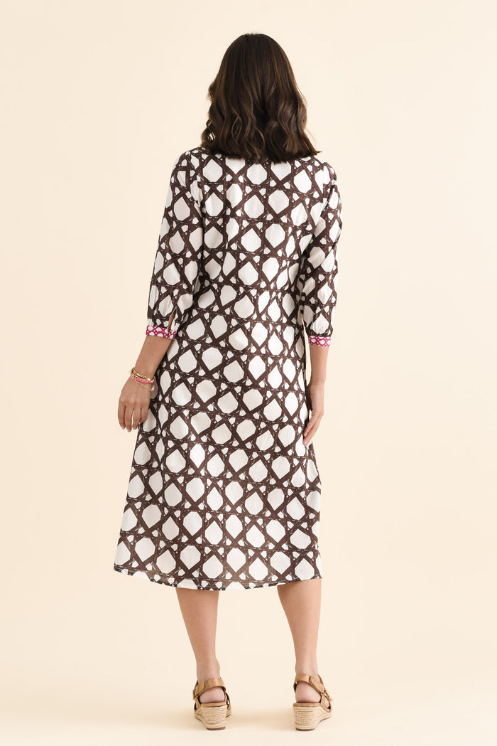 Nagala Chocolate Geo Cotton Tie Dress,brunette model,Back of Outfit,alt text|model:MJ