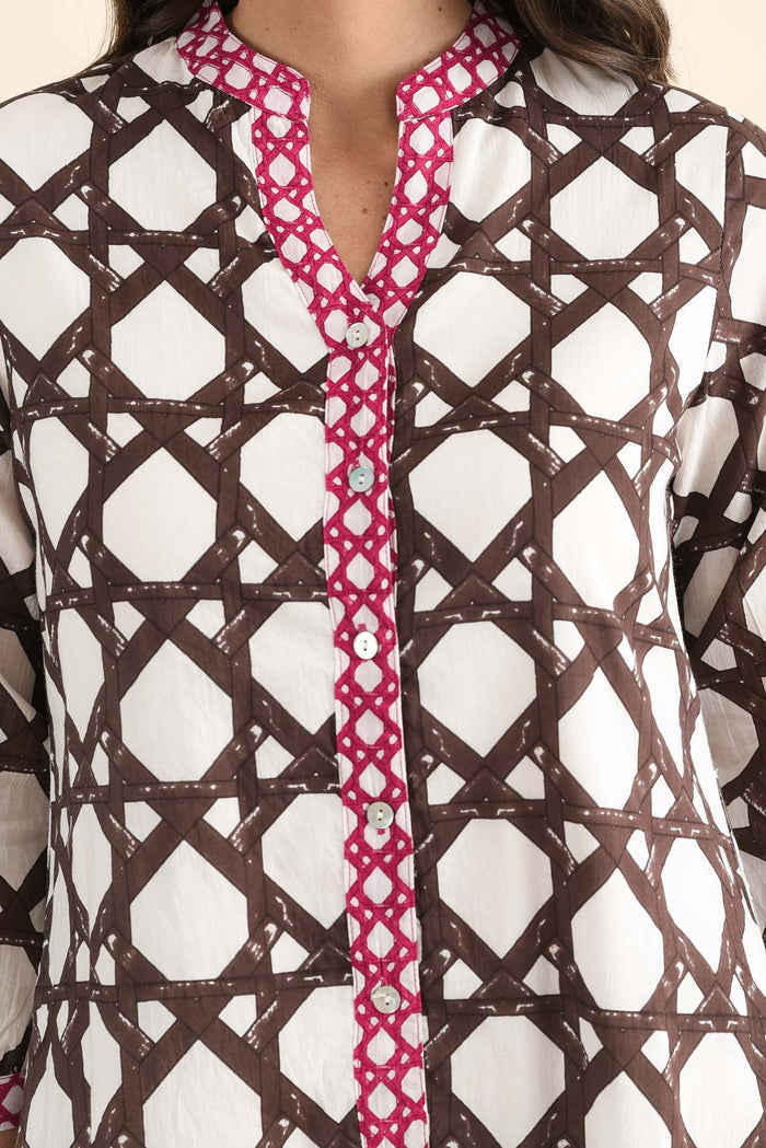 Nagala Chocolate Geo Cotton Tie Dress,brunette model,Close up of outfit,alt text|model:MJ