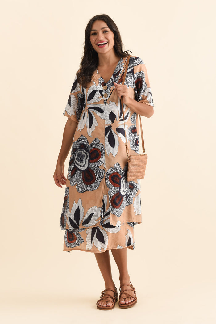 Nala Beige Flower Layers Dress,Brunette model,alt text|model:Brontie