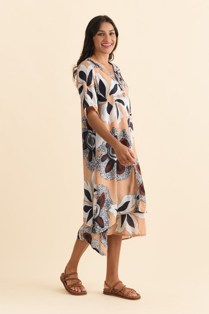 Nala Beige Flower Layers Dress,Brunette model,alt text|model:Brontie