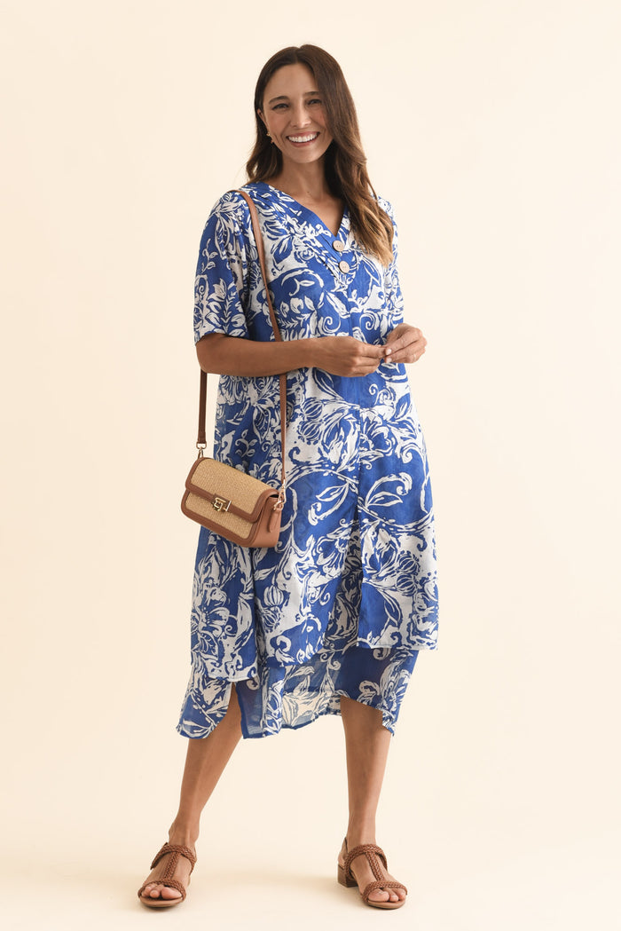 Nala Blue Abstract Layers Dress,Brunette model,alt text|model:Cara