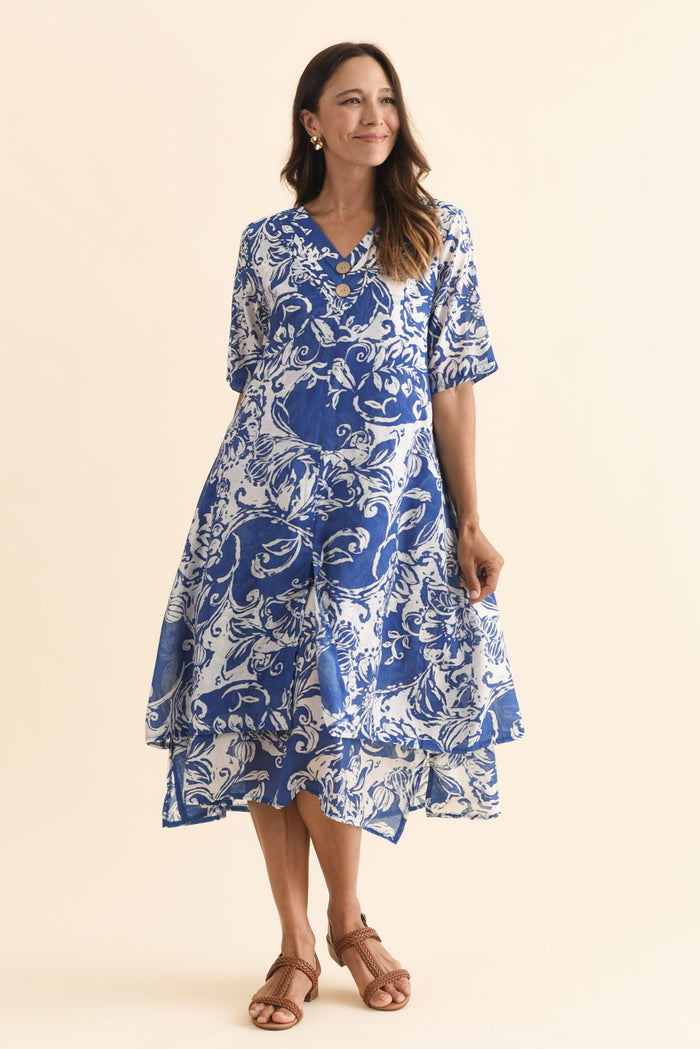 Nala Blue Abstract Layers Dress,Brunette model,alt text|model:Cara
