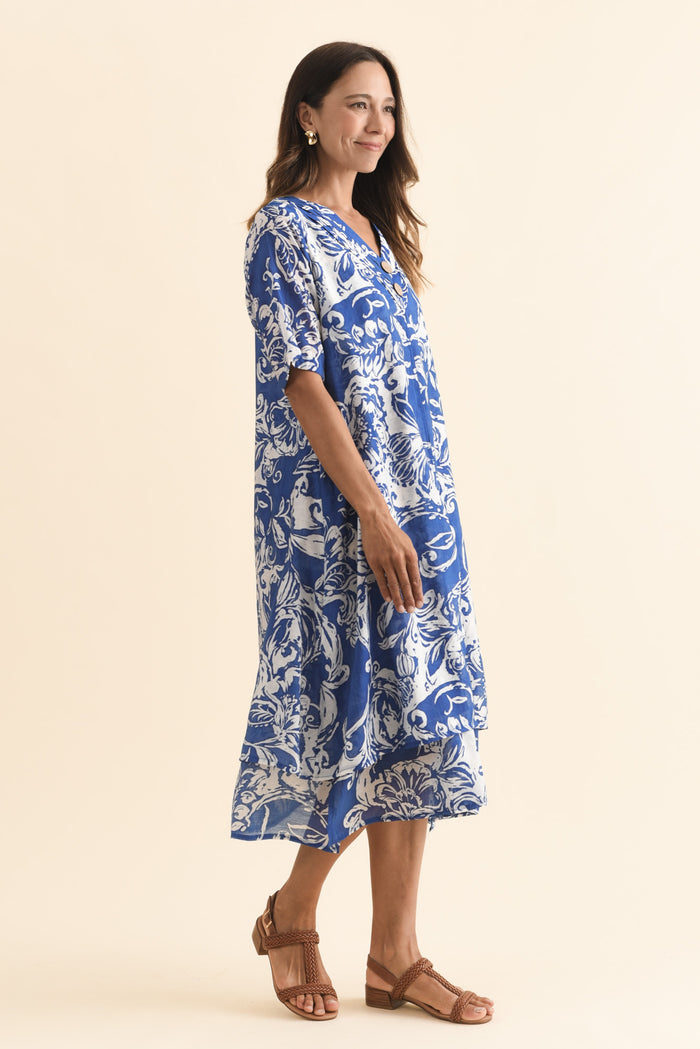 Nala Blue Abstract Layers Dress,Brunette model,alt text|model:Cara