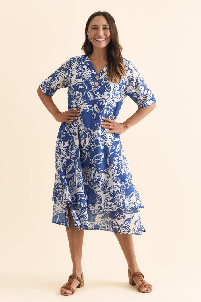 Nala Blue Abstract Layers Dress,Brunette model,alt text|model:Cara