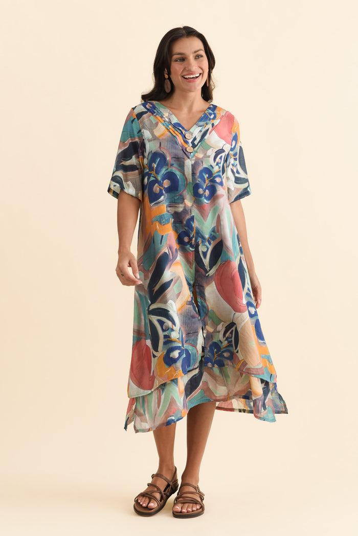 Nala Blue Floral Layers Dress,Brunette model,alt text|model:Brontie