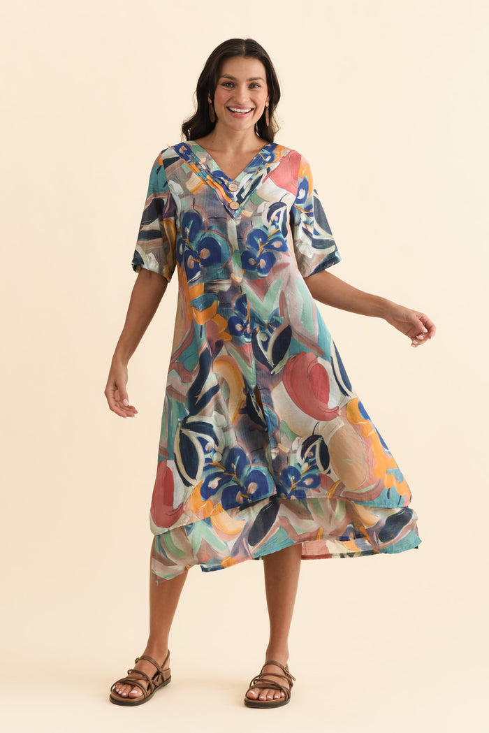 Nala Blue Floral Layers Dress,Brunette model,alt text|model:Brontie