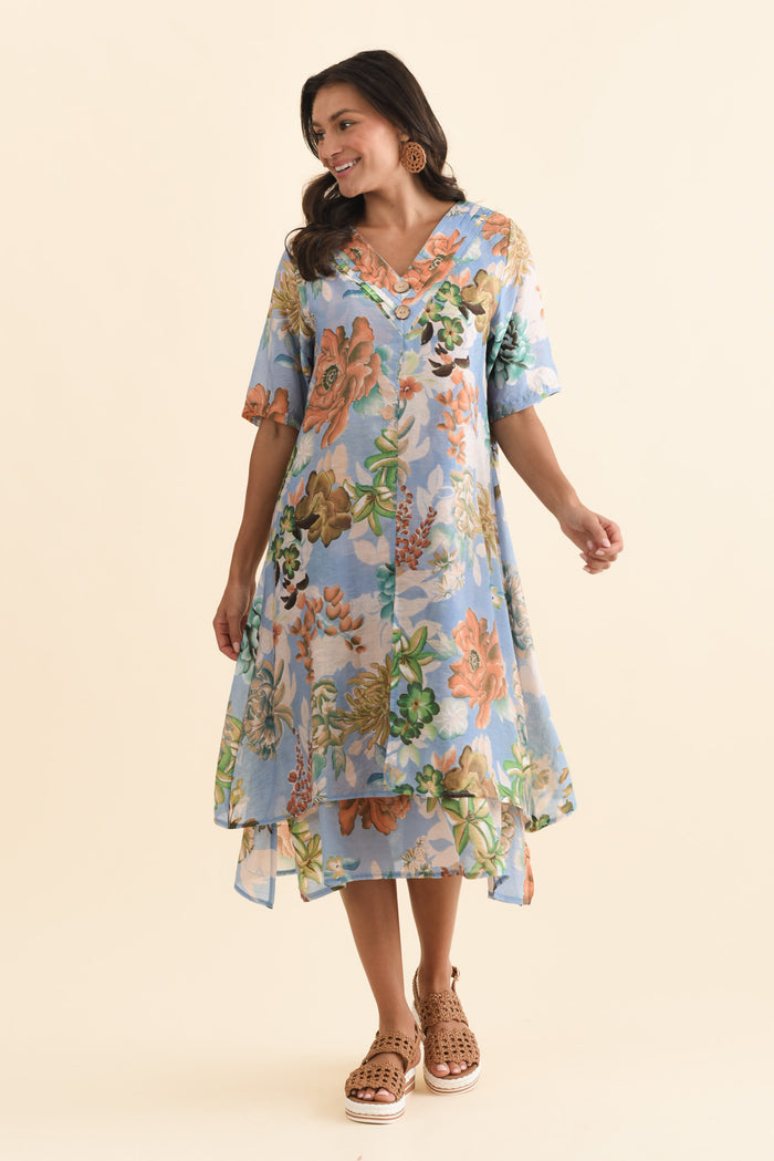 Nala Blue Garden Layers Dress,Brunette model,alt text|model:Brontie