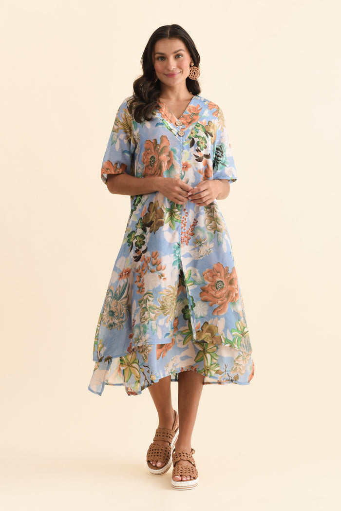 Nala Blue Garden Layers Dress,Brunette model,alt text|model:Brontie