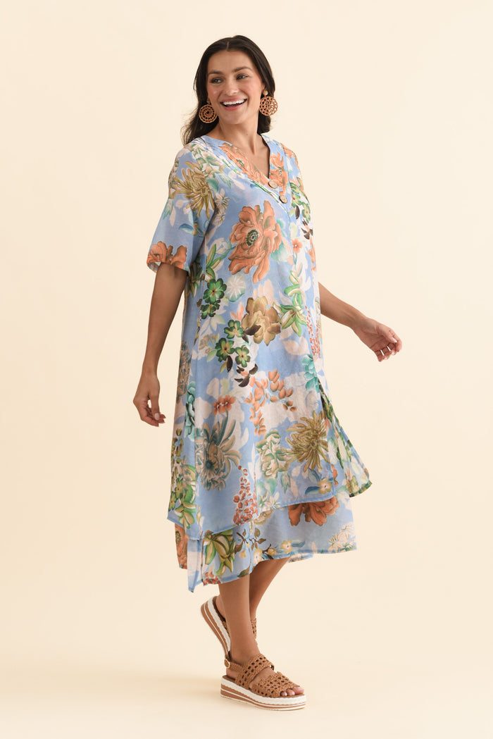 Nala Blue Garden Layers Dress,Brunette model,alt text|model:Brontie