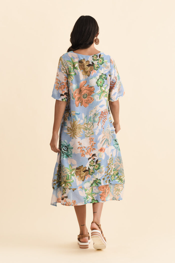 Nala Blue Garden Layers Dress,Brunette model,alt text|model:Brontie